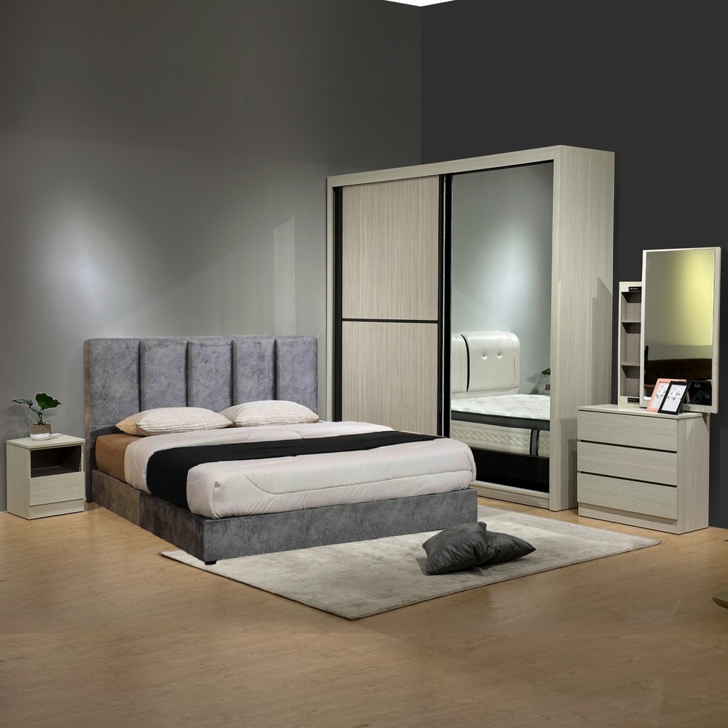 BRS-1280 8X8 WARDROBE + DT-1280 DRESSING TABLE + MIRROR + STOOL + BST-1280 BEDSIDE TABLE (COL:9040 OAT)  *KK300*