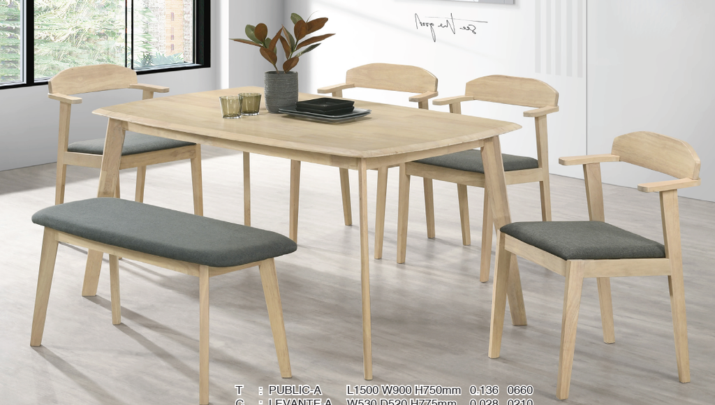 PUBLIC-A TABLE + LEVANTE-A CHAIR + KEN-A BENCH (1+4+B)
