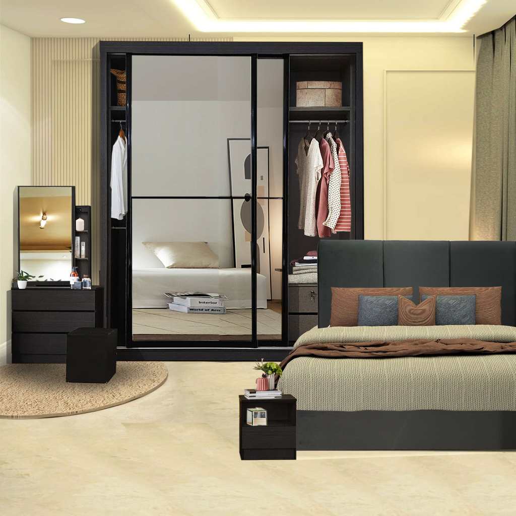 BRS-556 6X92 WARDROBE + BST-556 BEDSIDE TABLE + DRESSING TABLE W/MIRROR (5505 D.GREY) *TT1061*  
