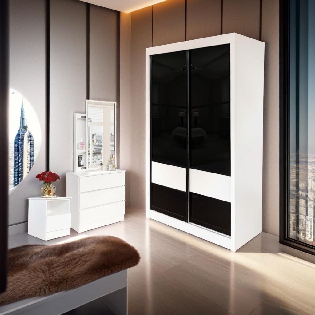 BRS-NK200 4X76 SLIDING DOOR WARDROBE + DT-588 DRESSING TABLE + MIRROR + BST-558 BEDSIDE TABLE (WHITE)