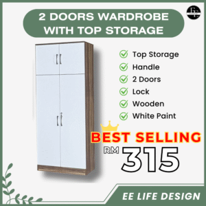 [SIAP PASANG] 2 Pintu Almari Dengan Ruangan Simpanan Atas | 2 Doors Wardrobe With Top Storage | 带顶部储物空间的双门衣柜