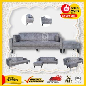 [FREE STOOL + 2 SQUARE PILLOW] [HOMEE] XXL SIZE 4 SEATER SOFA 8 FEET (VELVET GREY) / SOFA MURAH SAIZ XXL